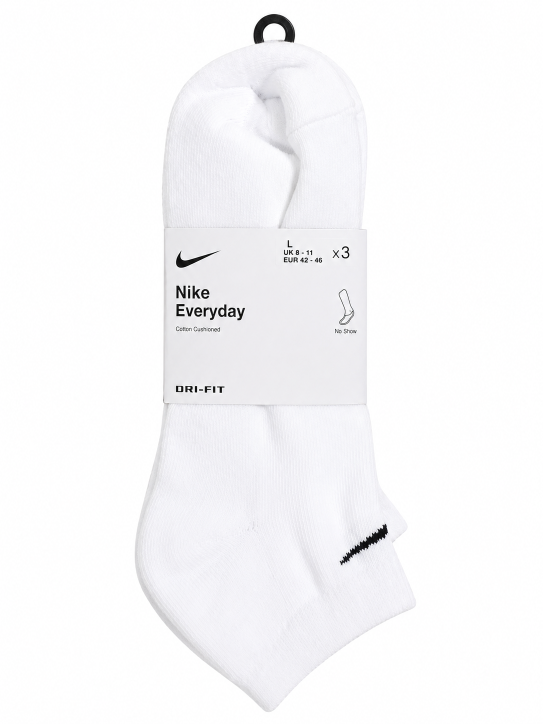 NK EVERYDAY COTTON CUSHIONED DRI-FIT NO SHOW SOCK WHITE  PACK OF THREE;;;